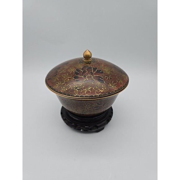 Vintage Chinese Cloisonne Covered Bowl on Wood Stand Enamel over Copper Floral - Picture 3 of 8